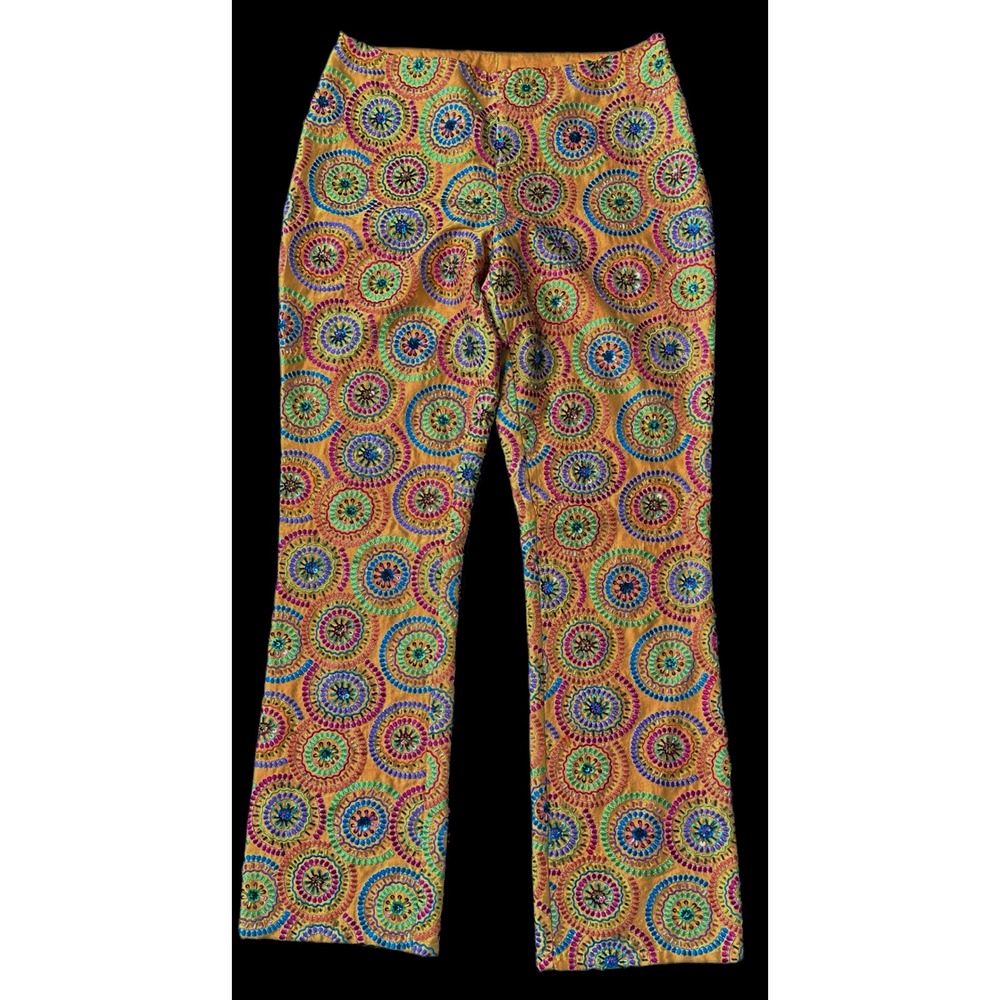 CJ Laing Womens 100% Silk Beaded Embroidered  Pants Yellow Size 6 Straight Leg